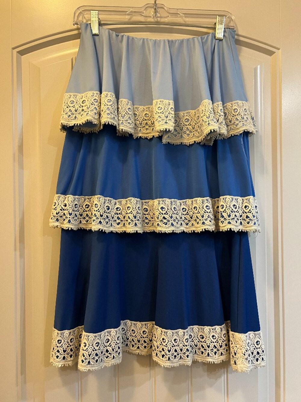 RARE - Judith March Blue Ombre Tiered Strapless Dress with Cream Lace Trim - L